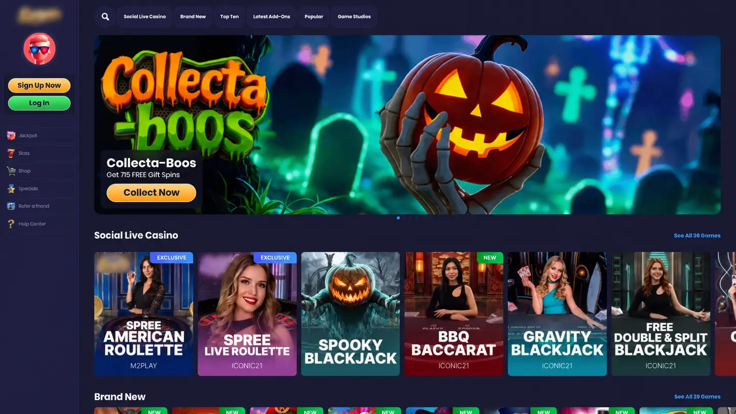 Spree casino lobby showing Spree American Roulette, Spree Live Roulette, BBQ Baccarat and Gravity Blackjack